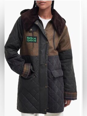 Barbour x GANNI Quilted Patchwork Puffer Coat in Black & Brown